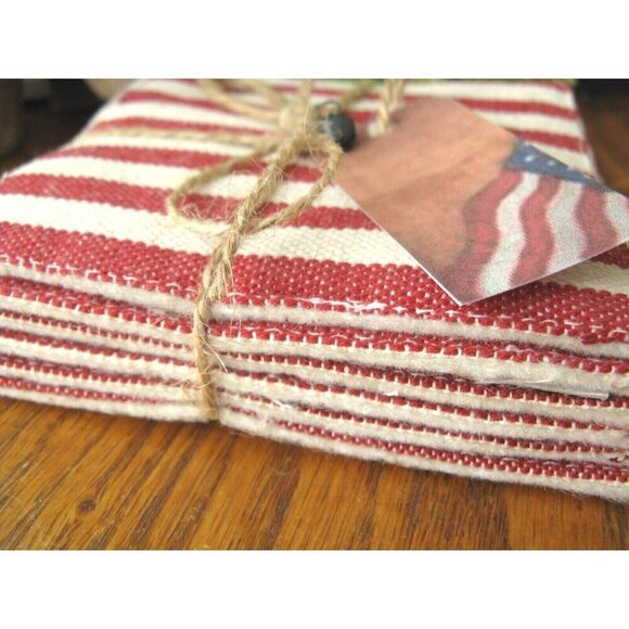 New Rustic American Red & White Stripe Fabric Coasters Set of 6 w/ Flag Tag - Picture 4 of 9